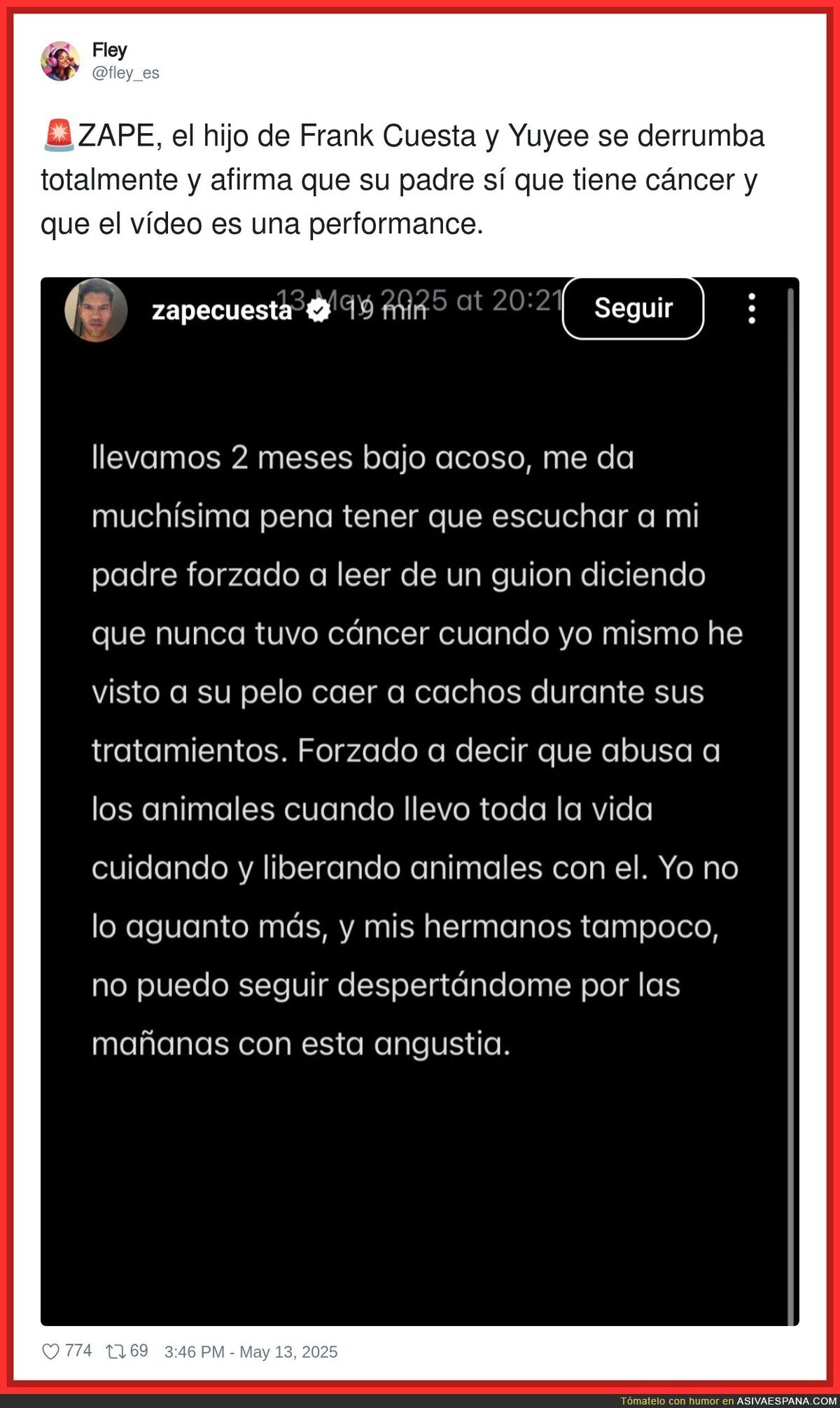 Zape, el hijo de Frank Cuesta salta tras la polémica con su padre