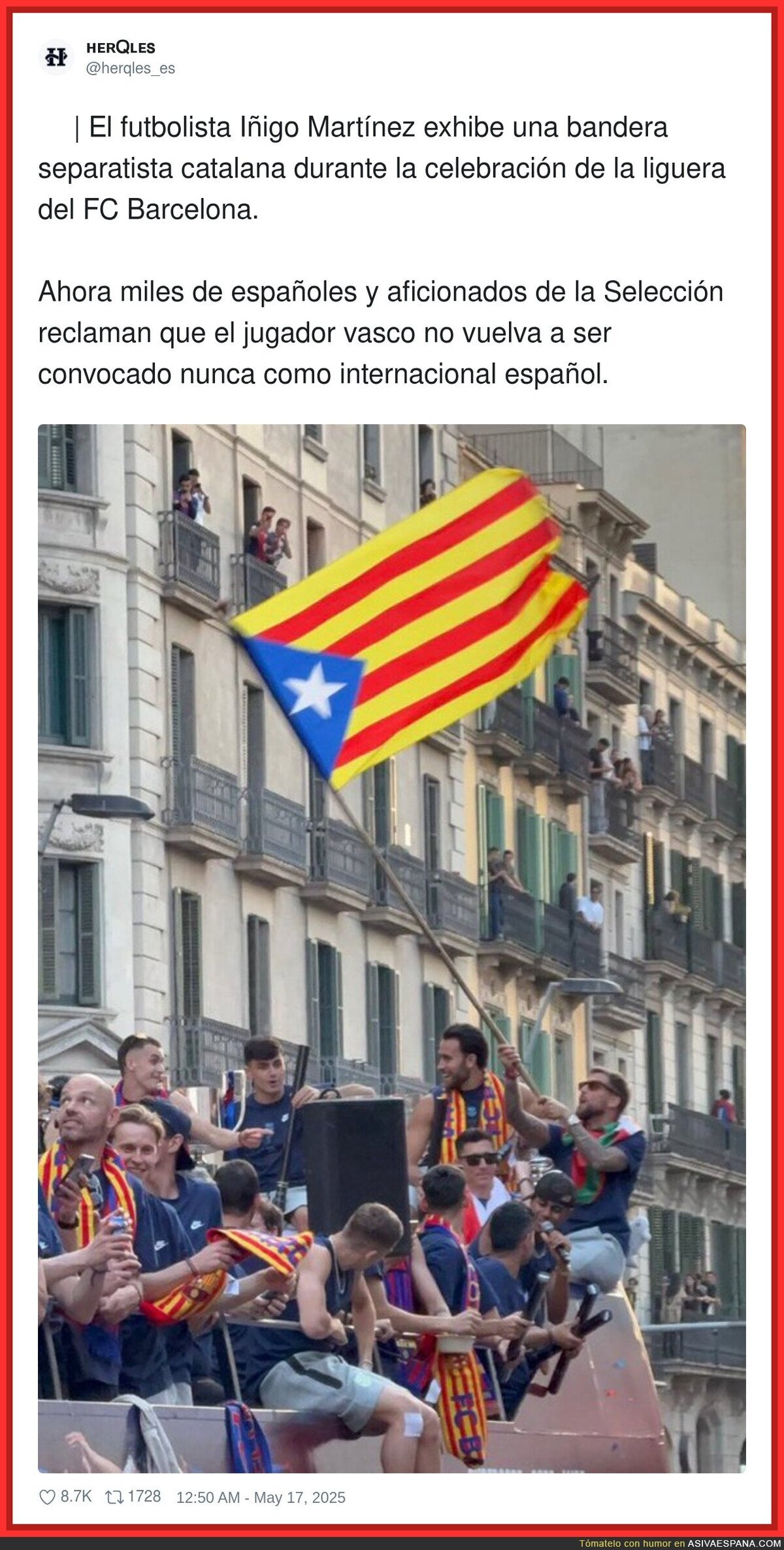 Cargan contra Íñigo Martínez por portar esta bandera independentista de Catalunya en la rúa del Barça