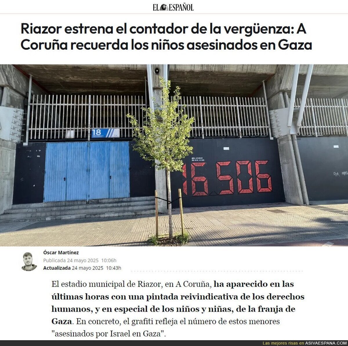El graffiti en el estadio Riazor con el contador de niños asesinados por Israel en Gaza