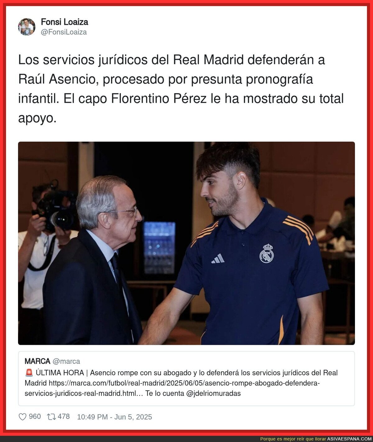 Florentino Pérez y el Real Madrid serán los encargados de defender a Asencio
