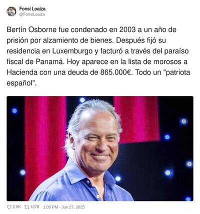 Bert&iacute;n Osborne entra de cabeza a la lista de morosos de Hacienda