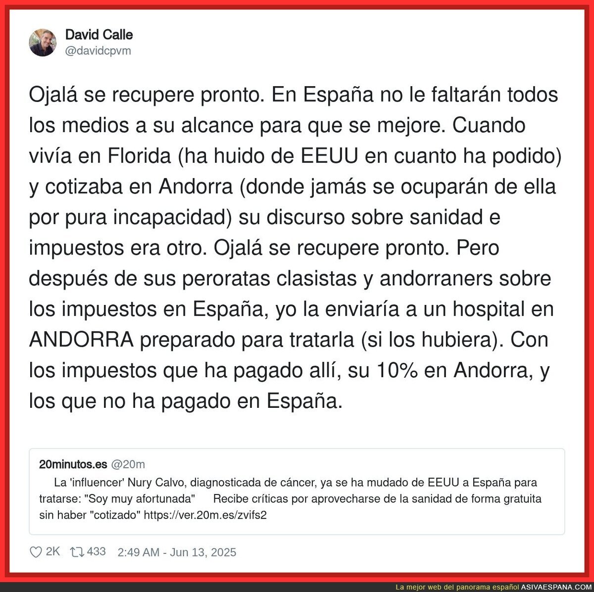 David Calle responde con dureza a la 'influencer' Nury Calvo, diagnosticada con cáncer, que se ha mudado de EEUU a España para tratarse