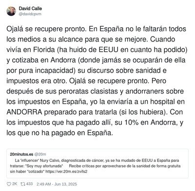 David Calle responde con dureza a la 'influencer' Nury Calvo, diagnosticada con cáncer, que se ha mudado de EEUU a España para tratarse