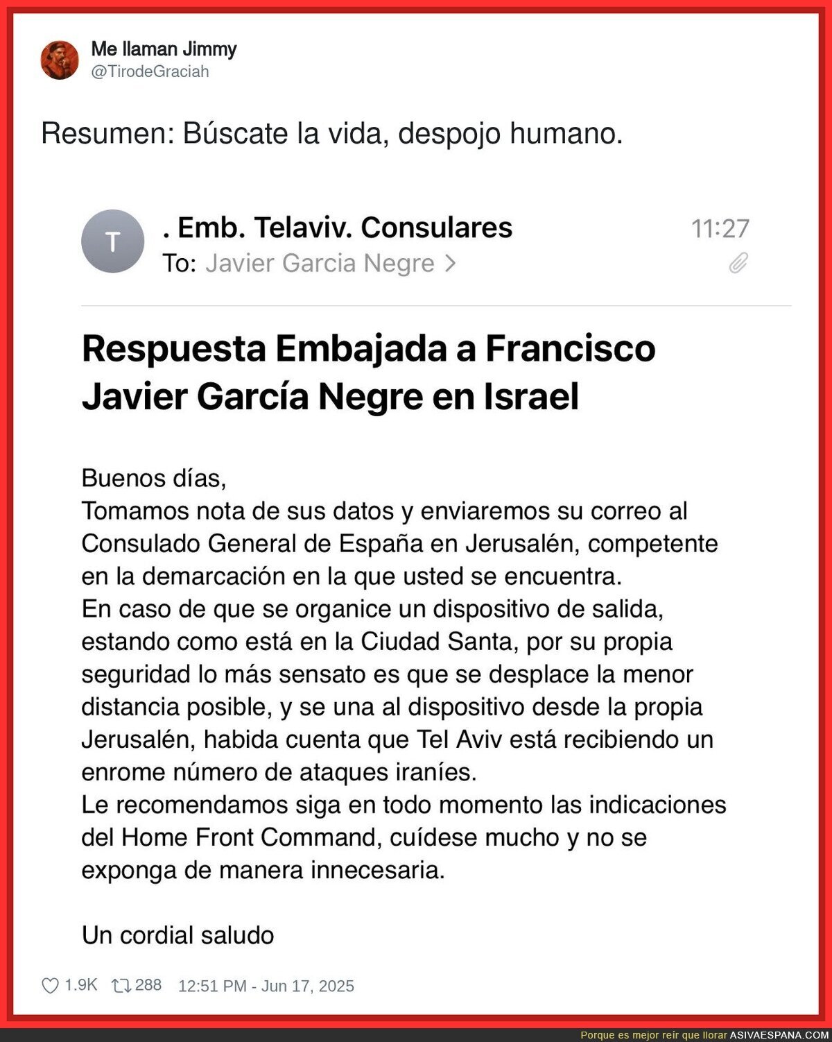 La embajada de Telaviv pide a Javier Negre que 'no se exponga de manera innecesaria'