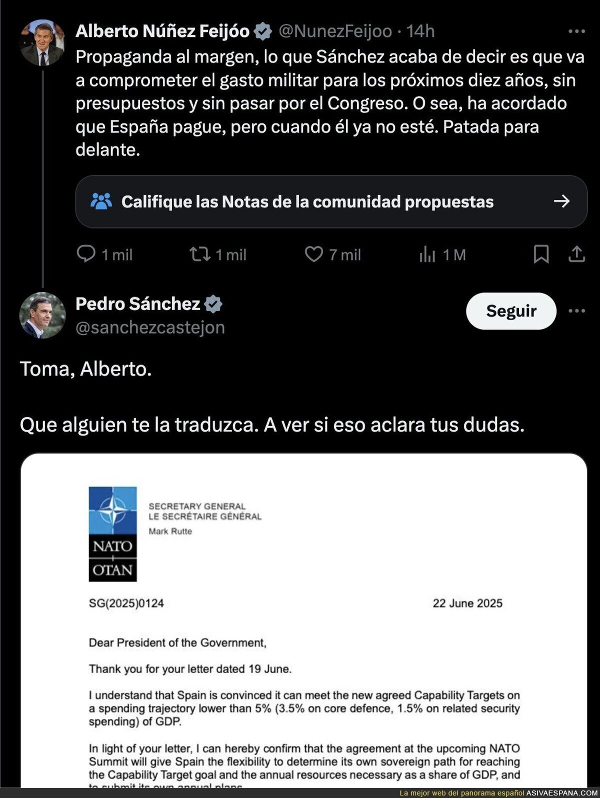 La descomunal respuesta de Pedro Sánchez hacia Feijóo por el 5% en defensa