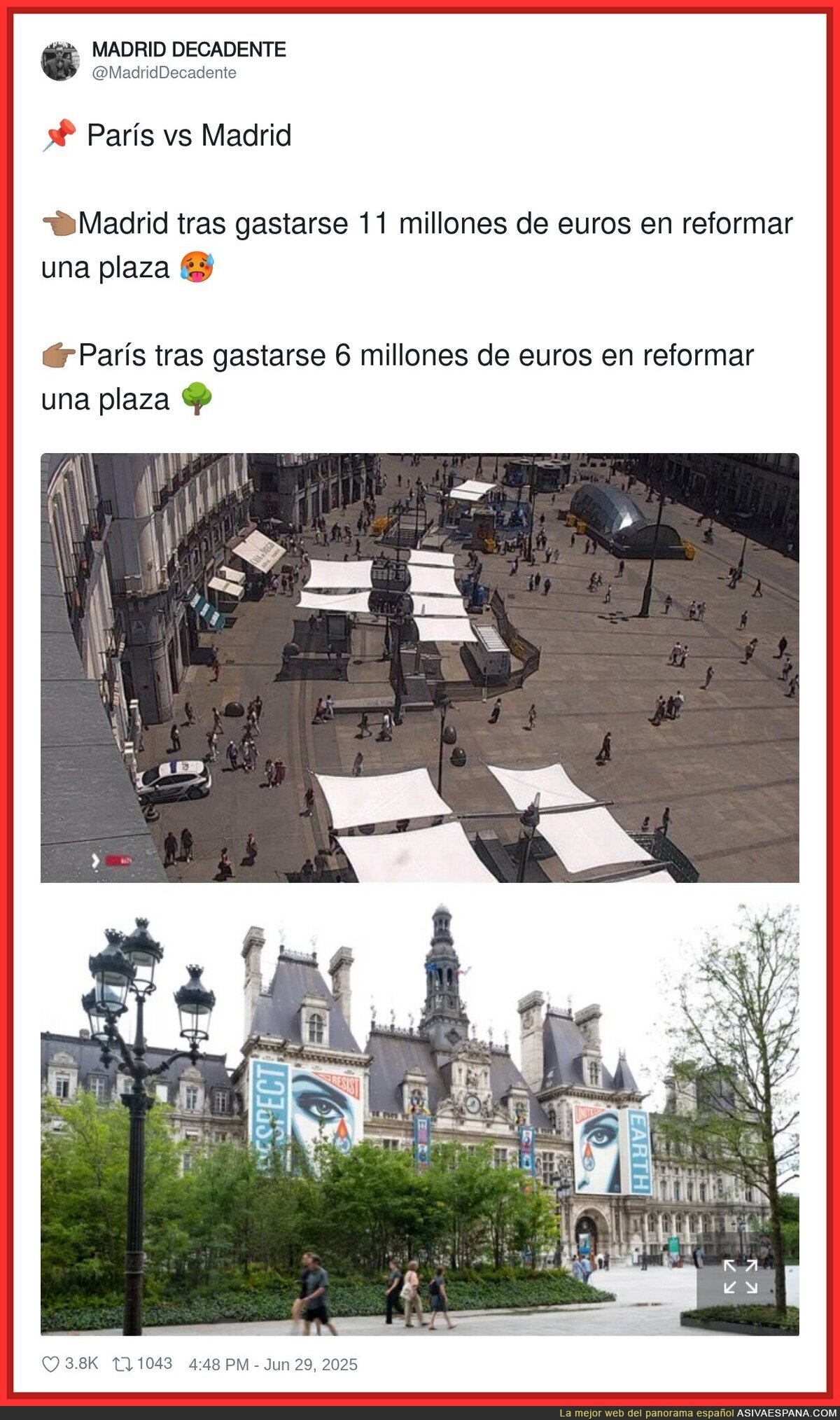 Madrid tras gastarse 11 millones de euros en reformar una plaza y París tras gastarse 6 millones de euros en reformar una plaza