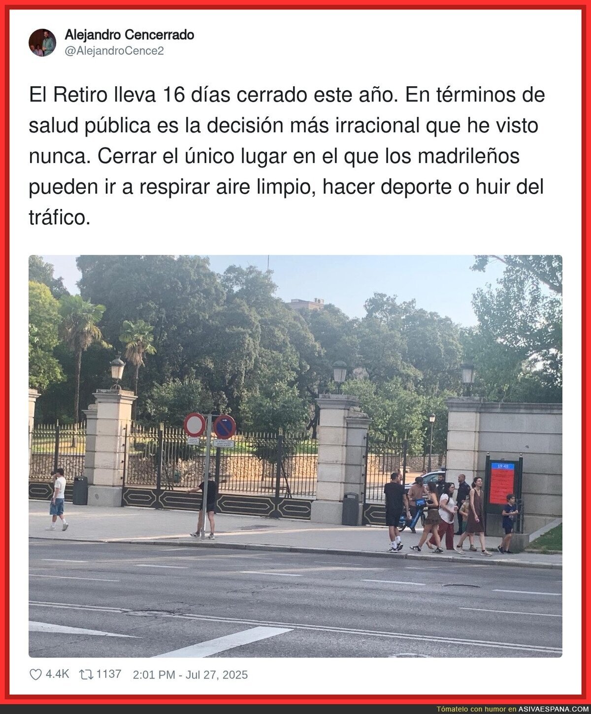 El PP cierra el Retiro cuando más calor hace siendo un lugar fresco