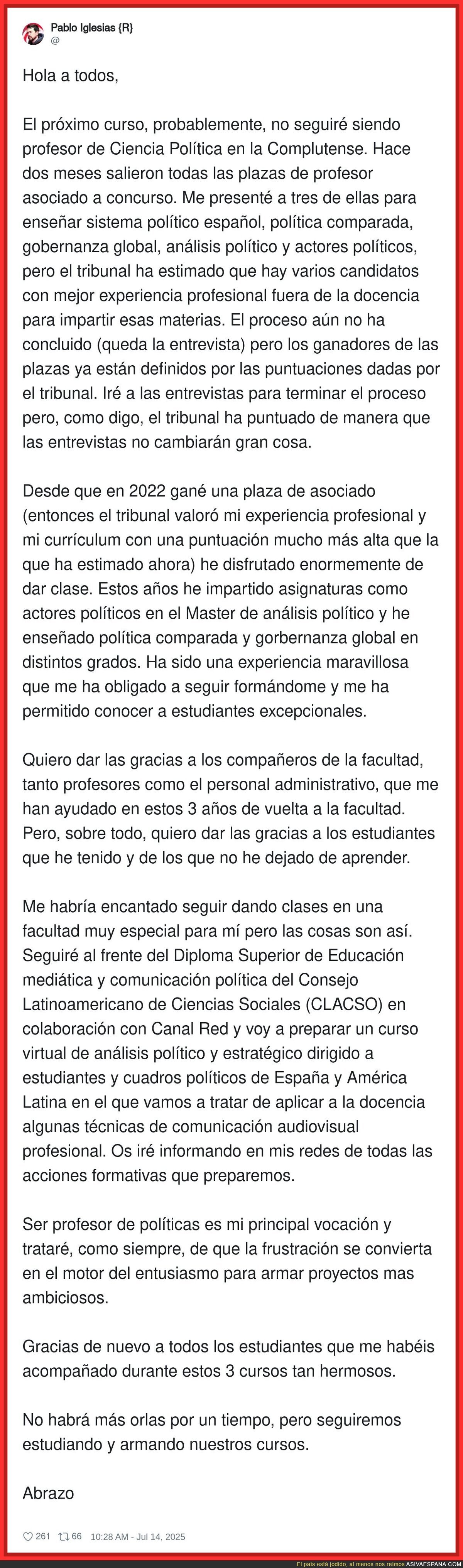 Pablo Iglesias ha sido apartado para dar clases en la Complutense