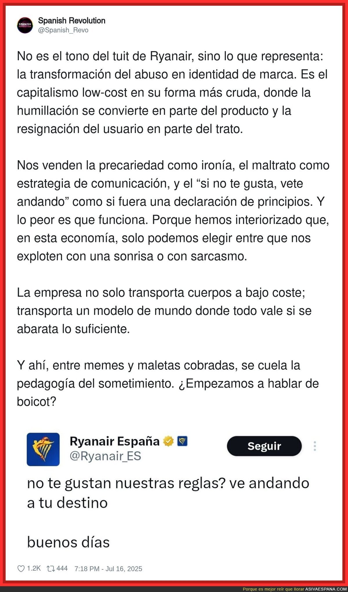 Ryanair se ha ganado -aún más- el odio de la gente por este mensaje en redes sociales
