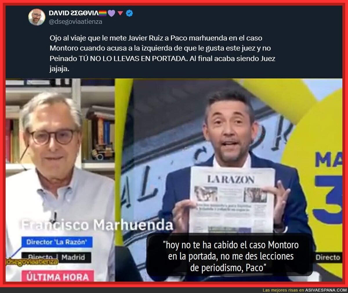 Marhuenda recibiendo en directo atronador ZASCA de Javier Ruiz tras denunciar la "izquierda mediática"