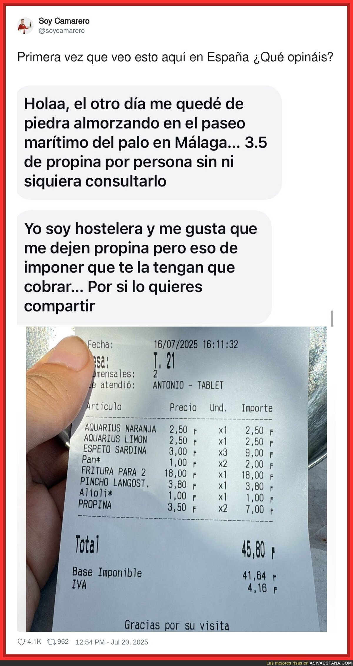 ¿Dónde se ha visto cobrar una propina sin pedirla?
