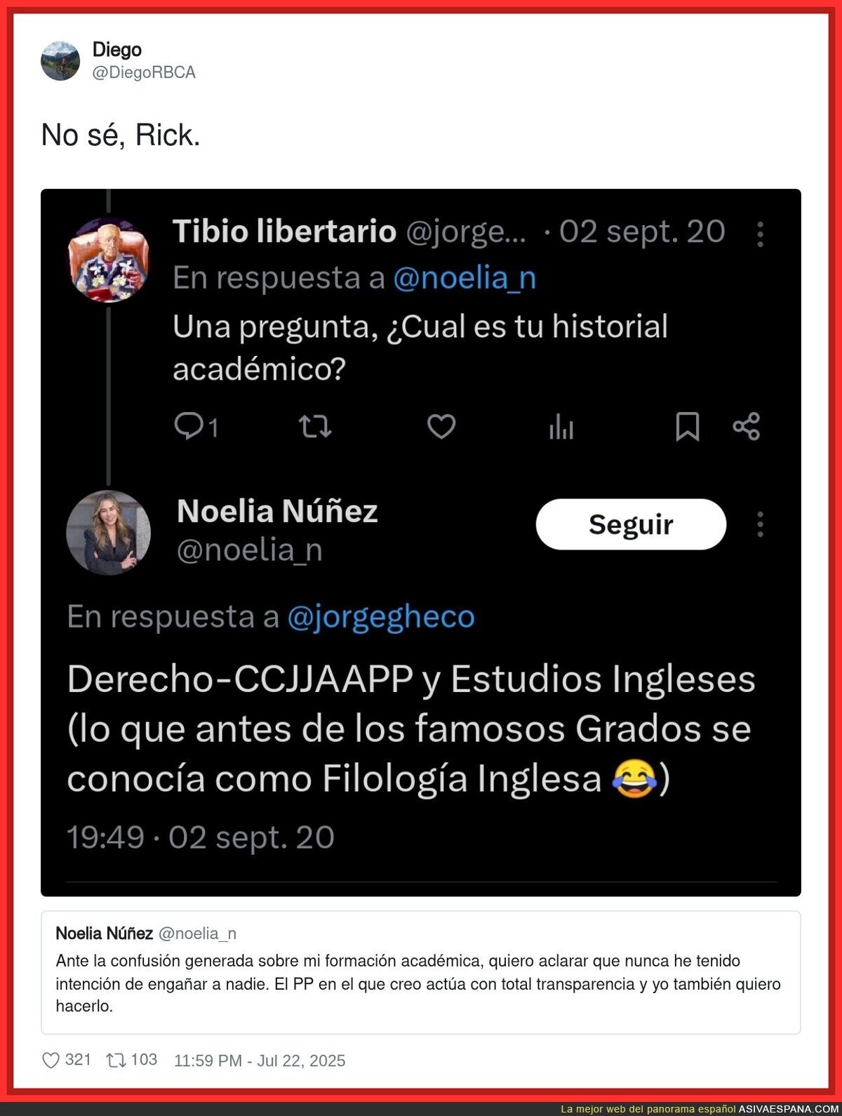 Noelia Núñez lleva desde 2020 engañando con su historial académico