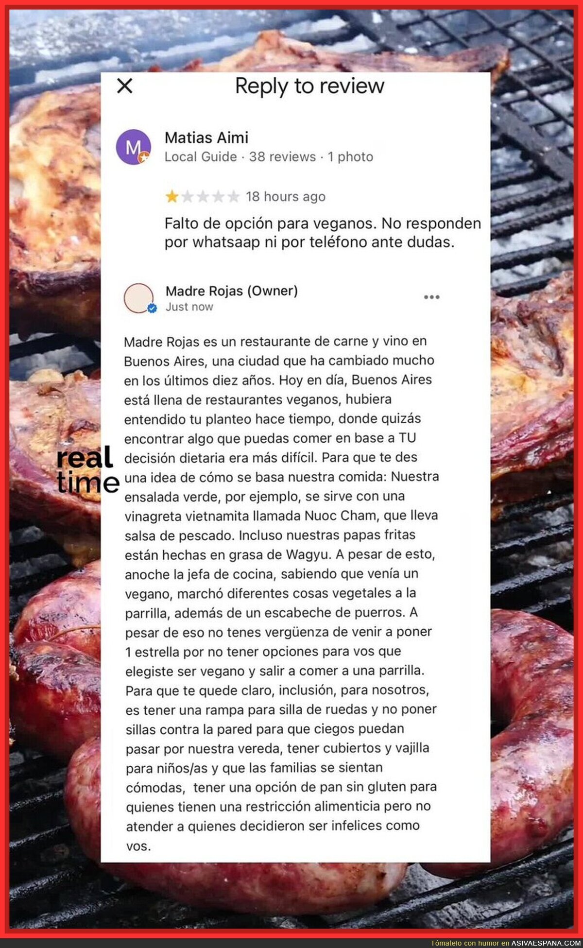 Un vegano fue a comer a una parrilla y le puso 1 estrella al restaurante. Brutal respuesta del dueño