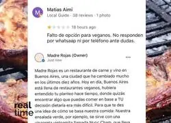Un vegano fue a comer a una parrilla y le puso 1 estrella al restaurante. Brutal respuesta del due&ntilde;o