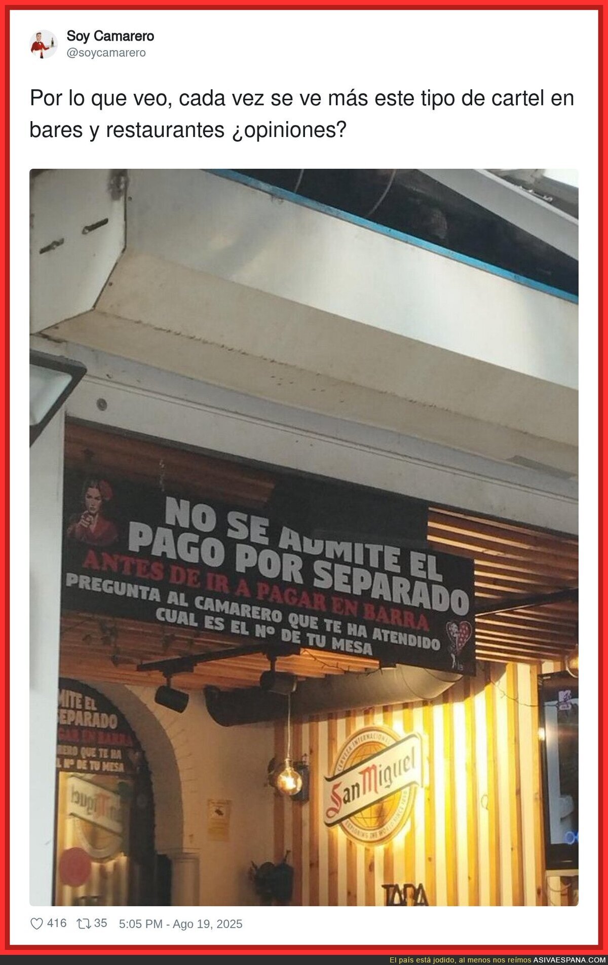 Cada vez más bares se unen al movimiento de no admitir pagos por separado