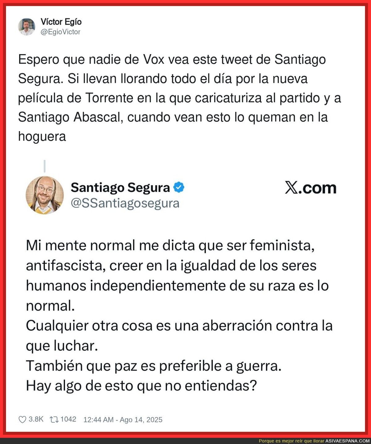 Este tuit de Santiago Segura no gusta a la derecha