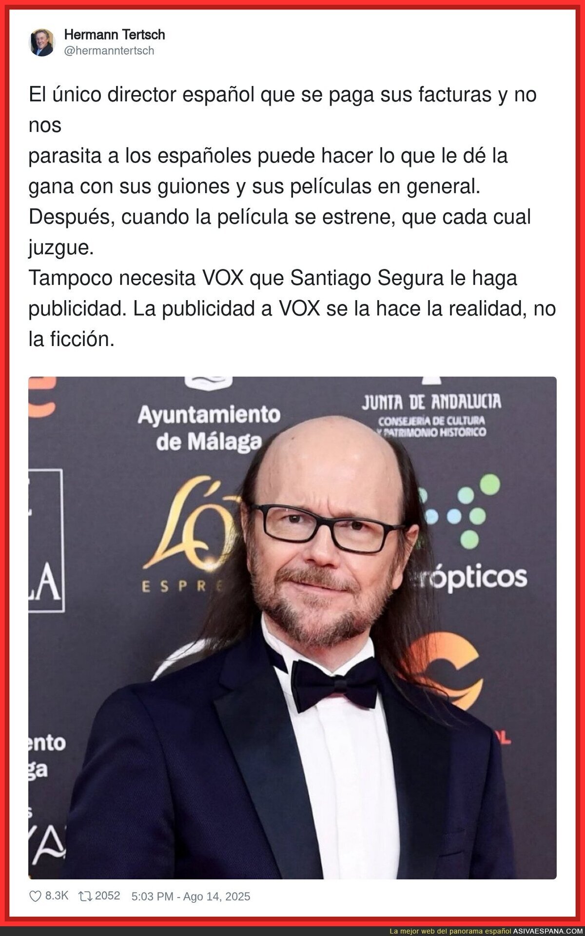 Hermann Tertsch se posiciona al lado de Santiago Segura tras la filtración de una escena de Torrente
