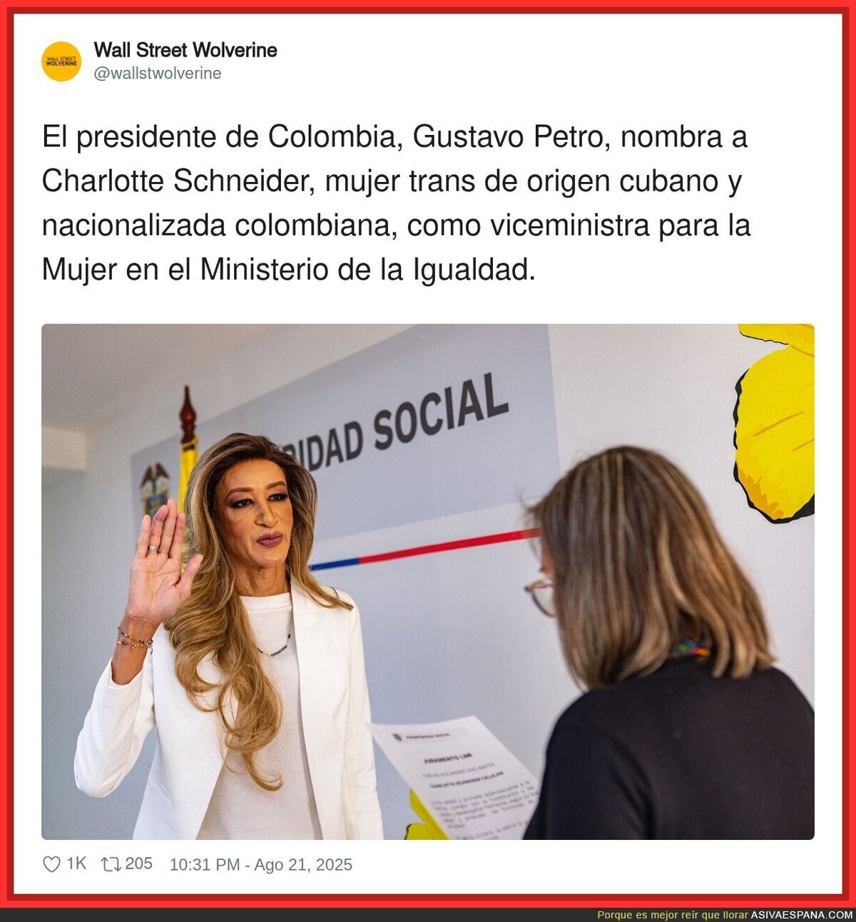Gustavo Petro, nombra a Charlotte Schneider, mujer trans de origen cubano y nacionalizada colombiana, como viceministra para la Mujer en el Ministerio de la Igualdad