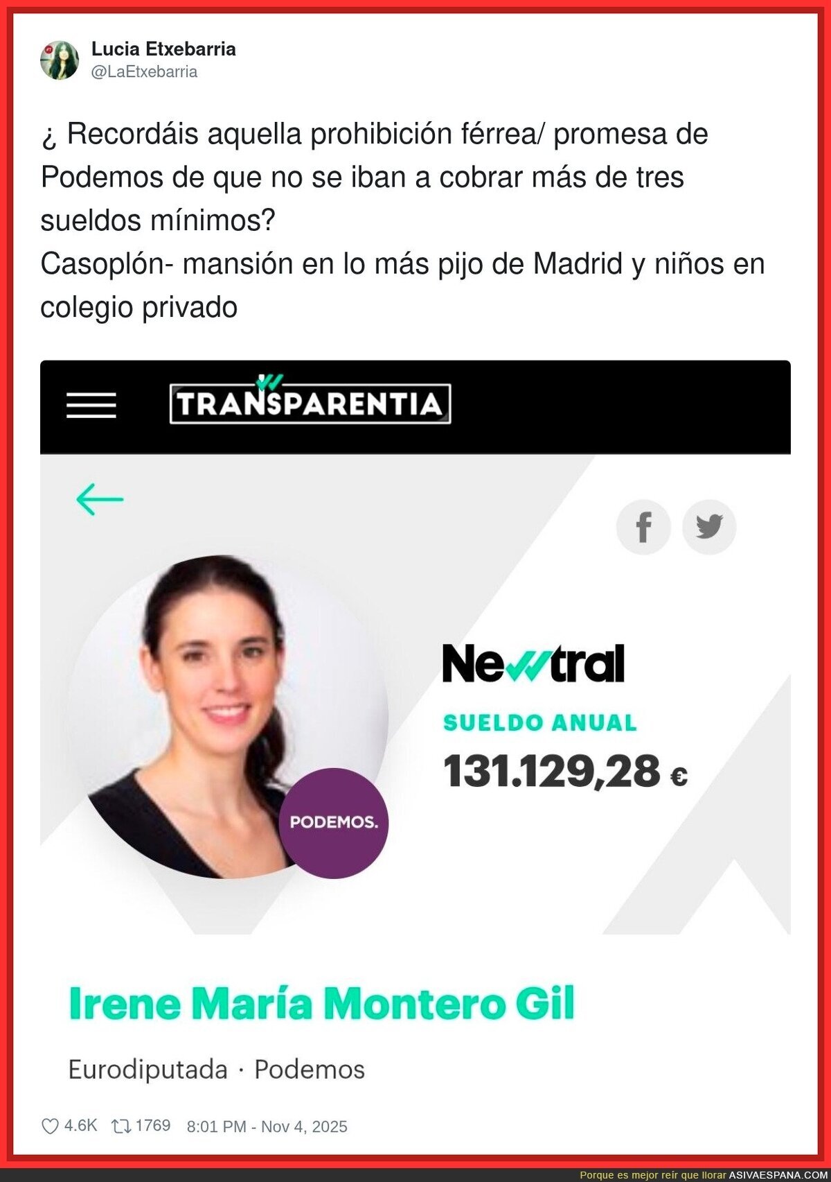Lucía Etxebarria carga contra Irene Montero por su sueldo