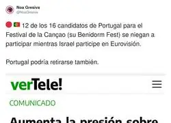 ? ?? 12 de los 16 candidatos de Portugal para el Festival de la Can&ccedil;ao (su Benidorm Fest) se niegan a participar mientras Israel participe en Eurovisi&oacute;n. 

Portugal podr&iacute;a retirarse tambi&eacute;n.