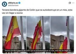 Tercera bandera gigante de Col&oacute;n que se autodestruye en un mes, esta vez sin llegar a izarse