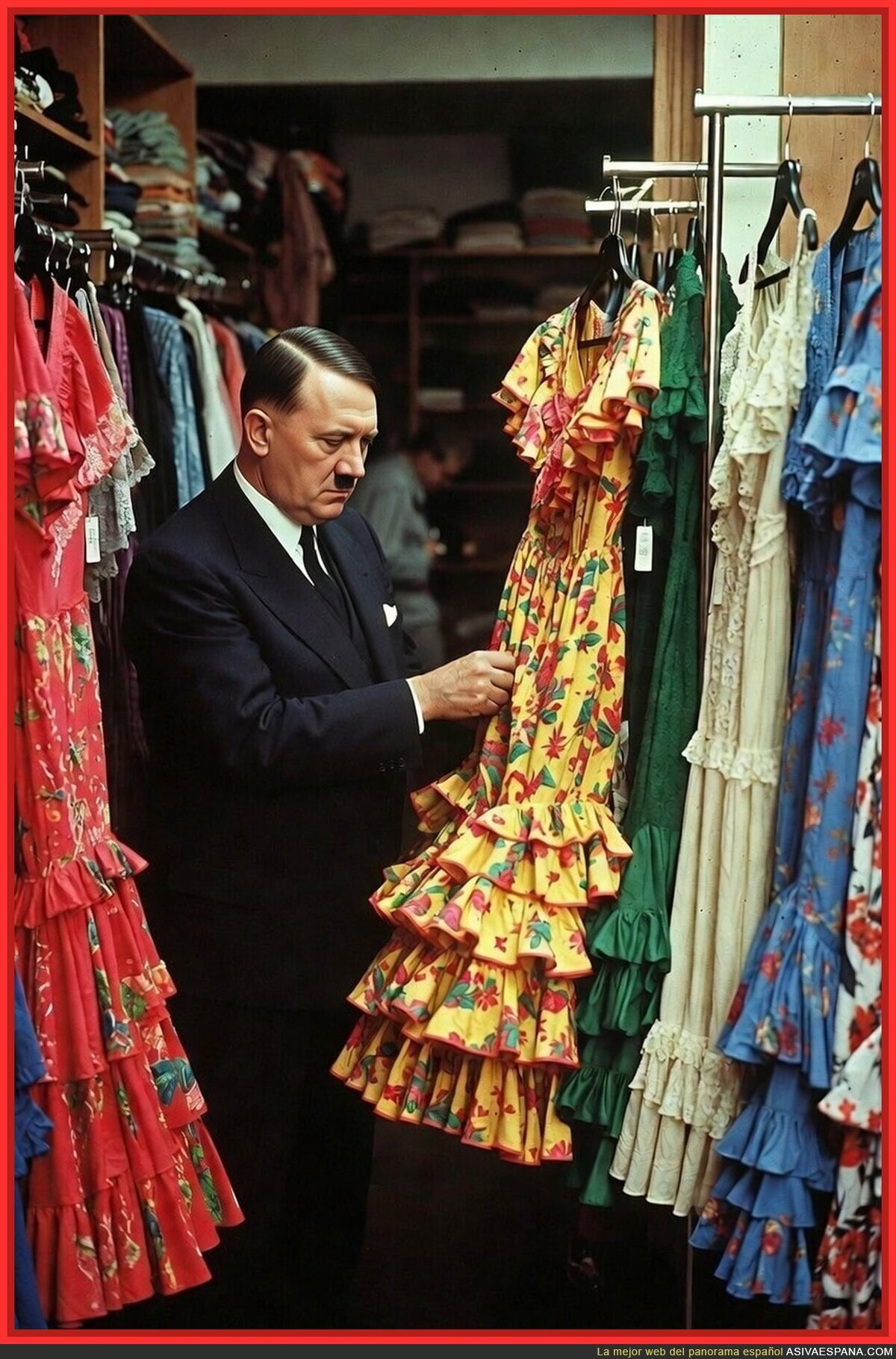 Adolf comprando 6 trajes de gitana en una tienda de Munich en 1938 (como el hincha del Real Madrid)