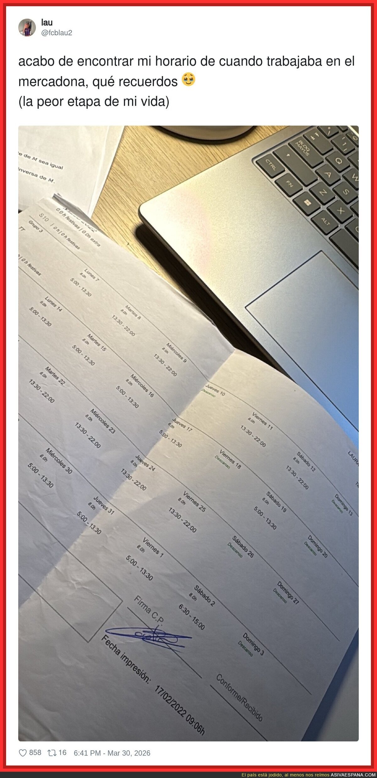 Acabo de encontrar mi horario de cuando trabajaba en el Mercadona, qu&eacute; recuerdos (la peor etapa de mi vida)
