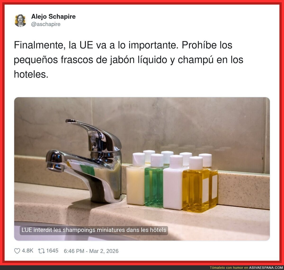 La UE salvando el planeta&hellip; un mini champ&uacute; de hotel a la vez. ESTO S&Iacute; ES IMPORTANTE