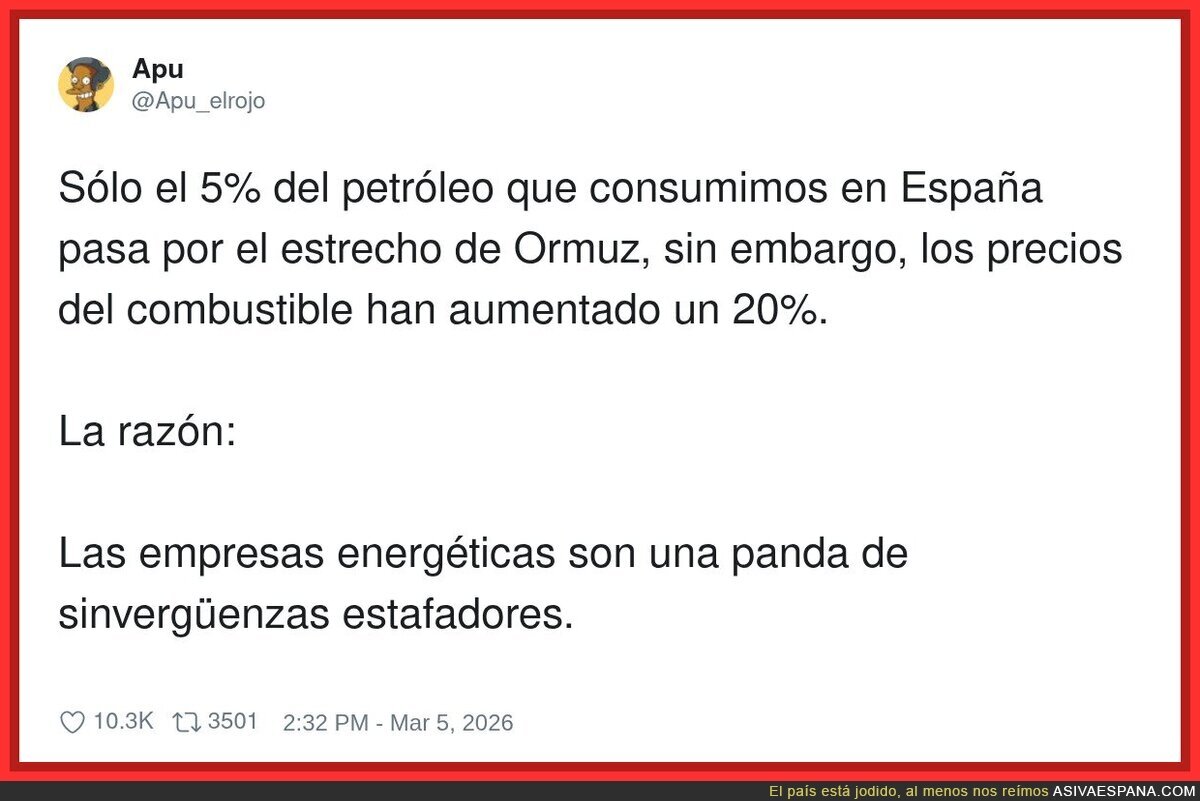 El 5% del petr&oacute;leo pasa por Ormuz, pero el 100% de la subida pasa por tu cartera