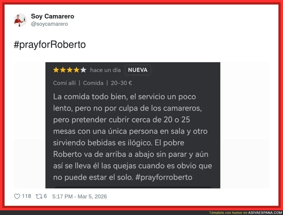 Roberto no es camarero, es un evento canónico del sector servicios