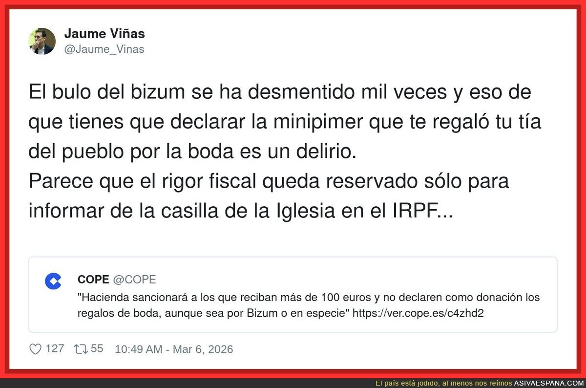 Tranquilos, que Hacienda no va a por tu Bizum&hellip; va a por la casilla de la Iglesia, que eso s&iacute; lo mira con lupa