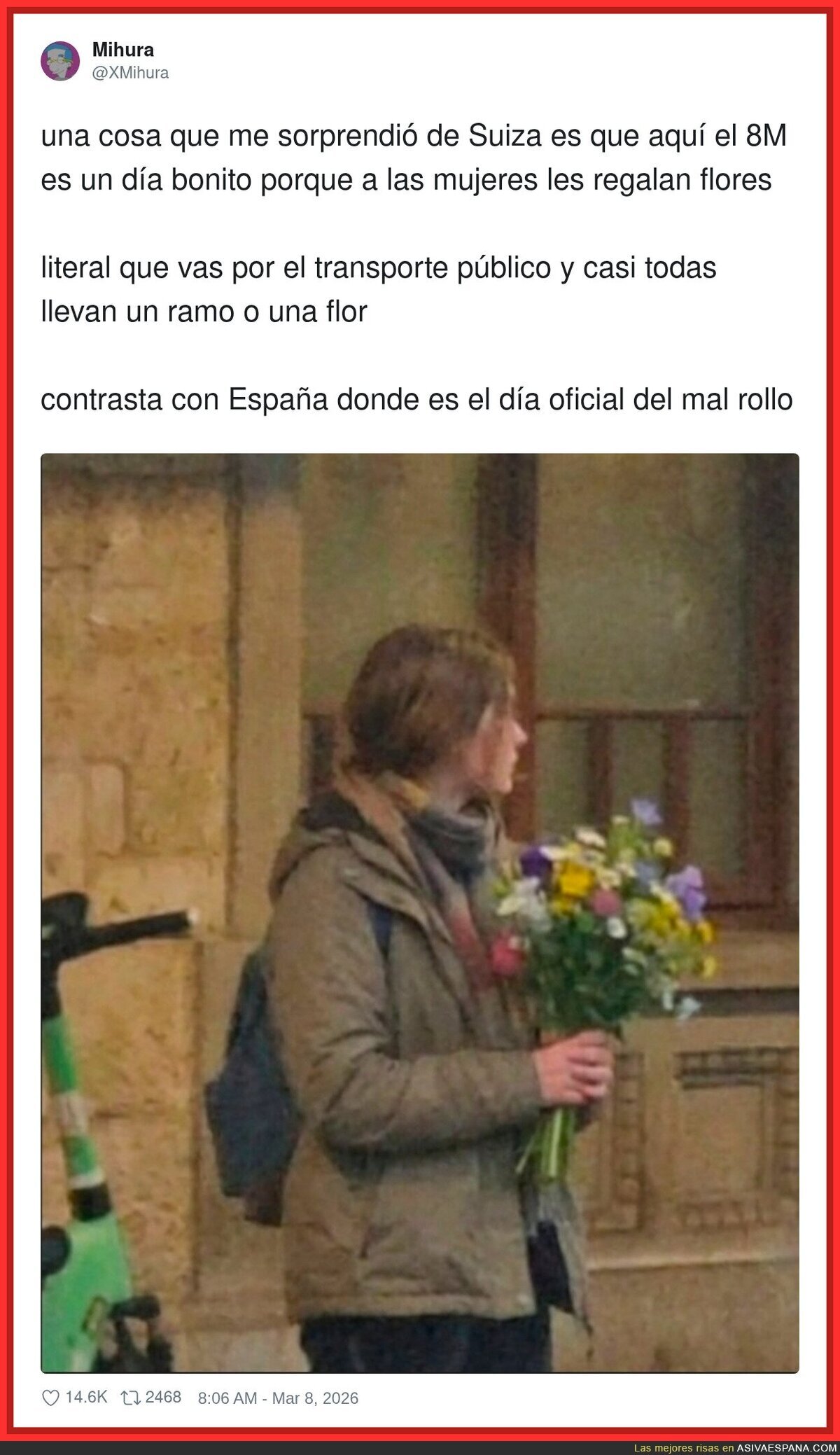 En Suiza el 8M te dan flores; en Espa&ntilde;a te dan un hilo de 32 tuits explic&aacute;ndote por qu&eacute; est&aacute;s equivocado