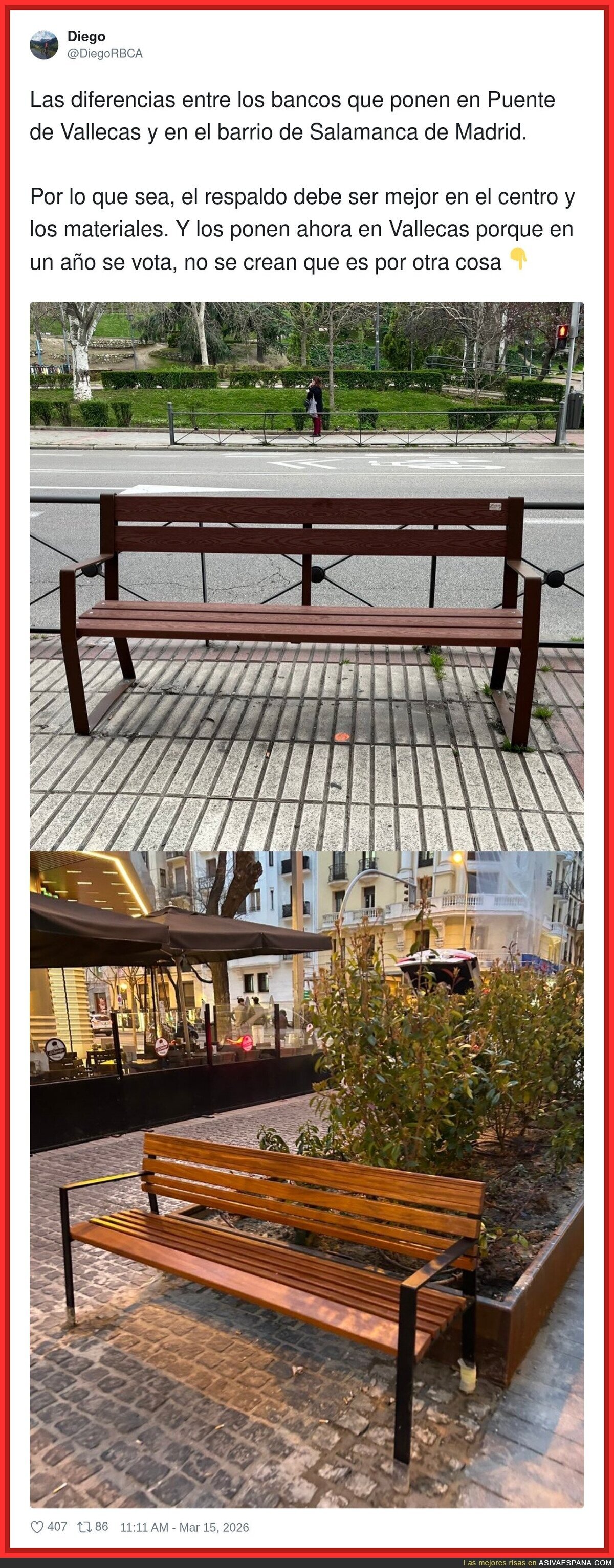 Las diferencias entre los bancos que ponen en Puente de Vallecas y en el barrio de Salamanca de Madrid