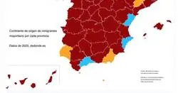 Provincias con m&aacute;s inmigrantes por continente de nacimiento en 2025