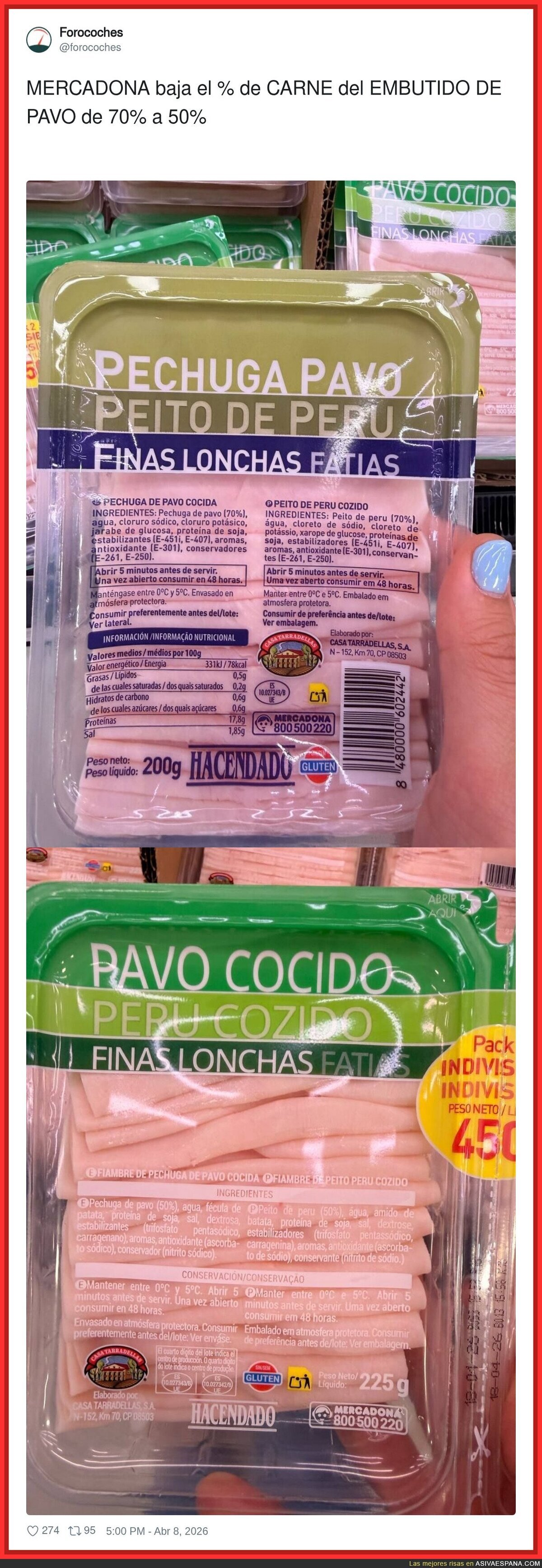 El nuevo engaño de MERCADONA, baja el % de CARNE del EMBUTIDO DE PAVO de 70% a 50%