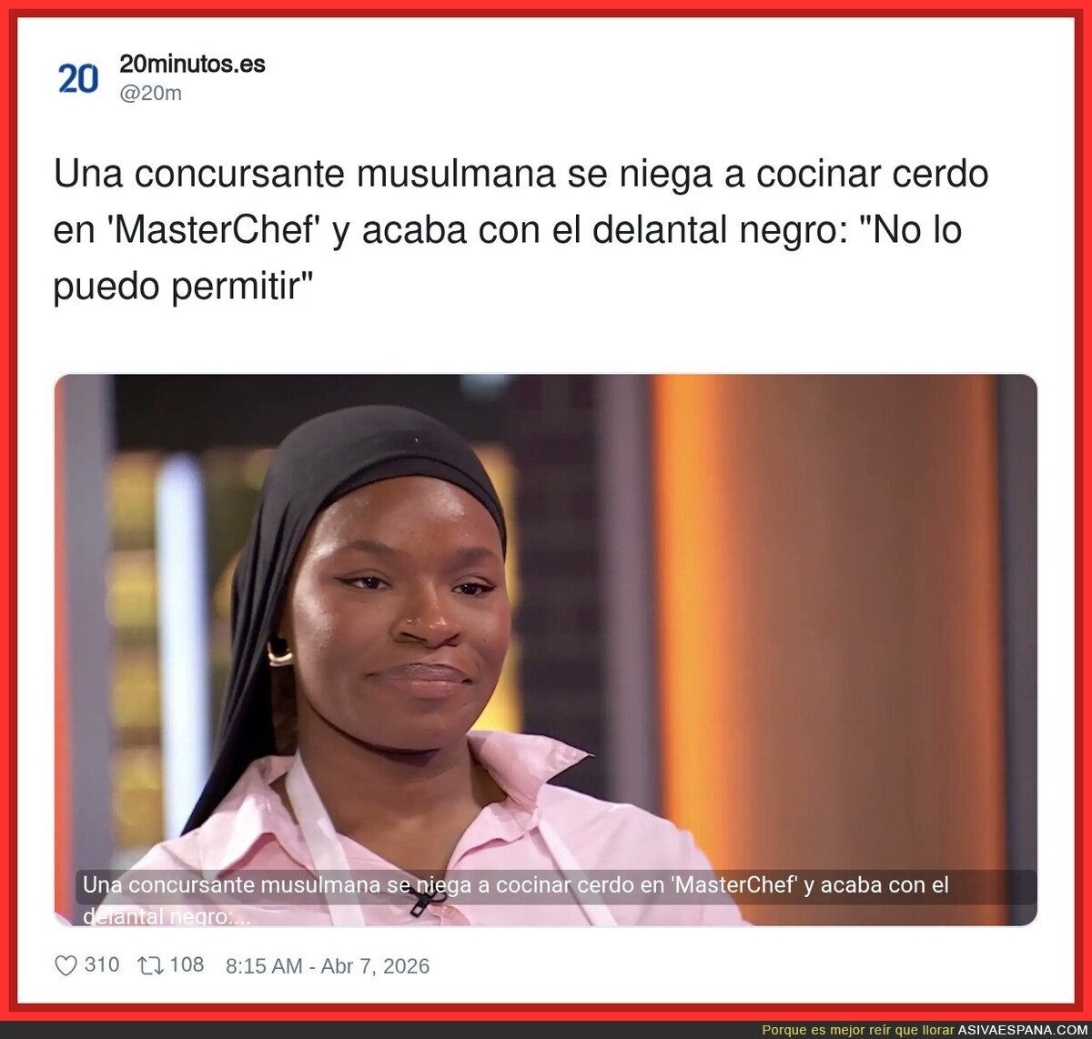 MasterChef: &lsquo;Hoy toca cerdo&rsquo;. Ella: &lsquo;Pues hoy toc&aacute;is otro concursante&rsquo;
