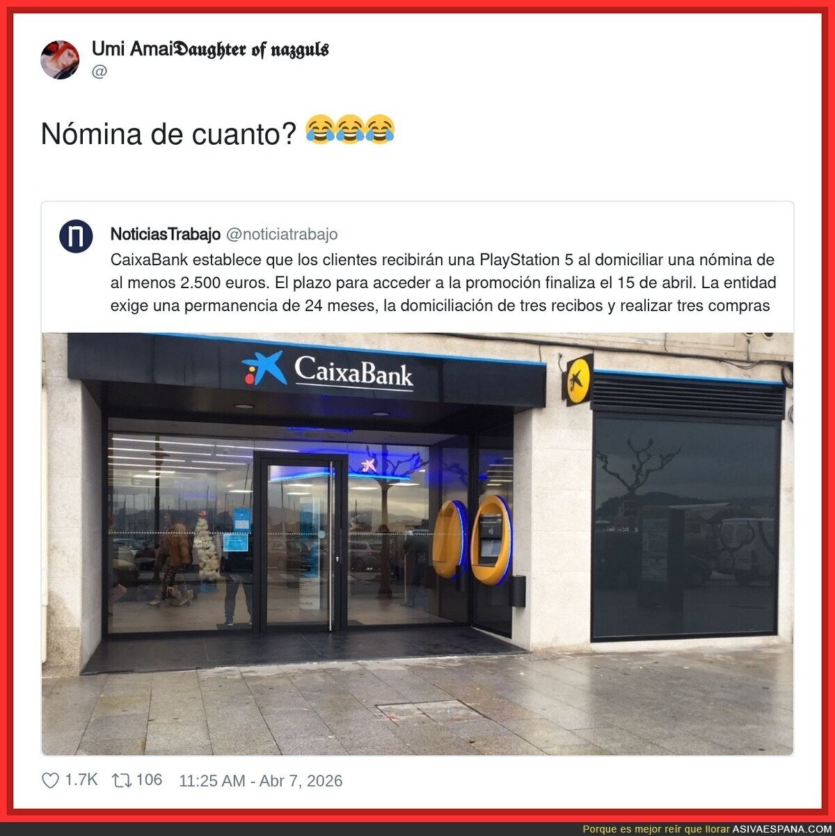 Yo entrando a CaixaBank con mi n&oacute;mina de 1.200: tenemos una PS3 para usted