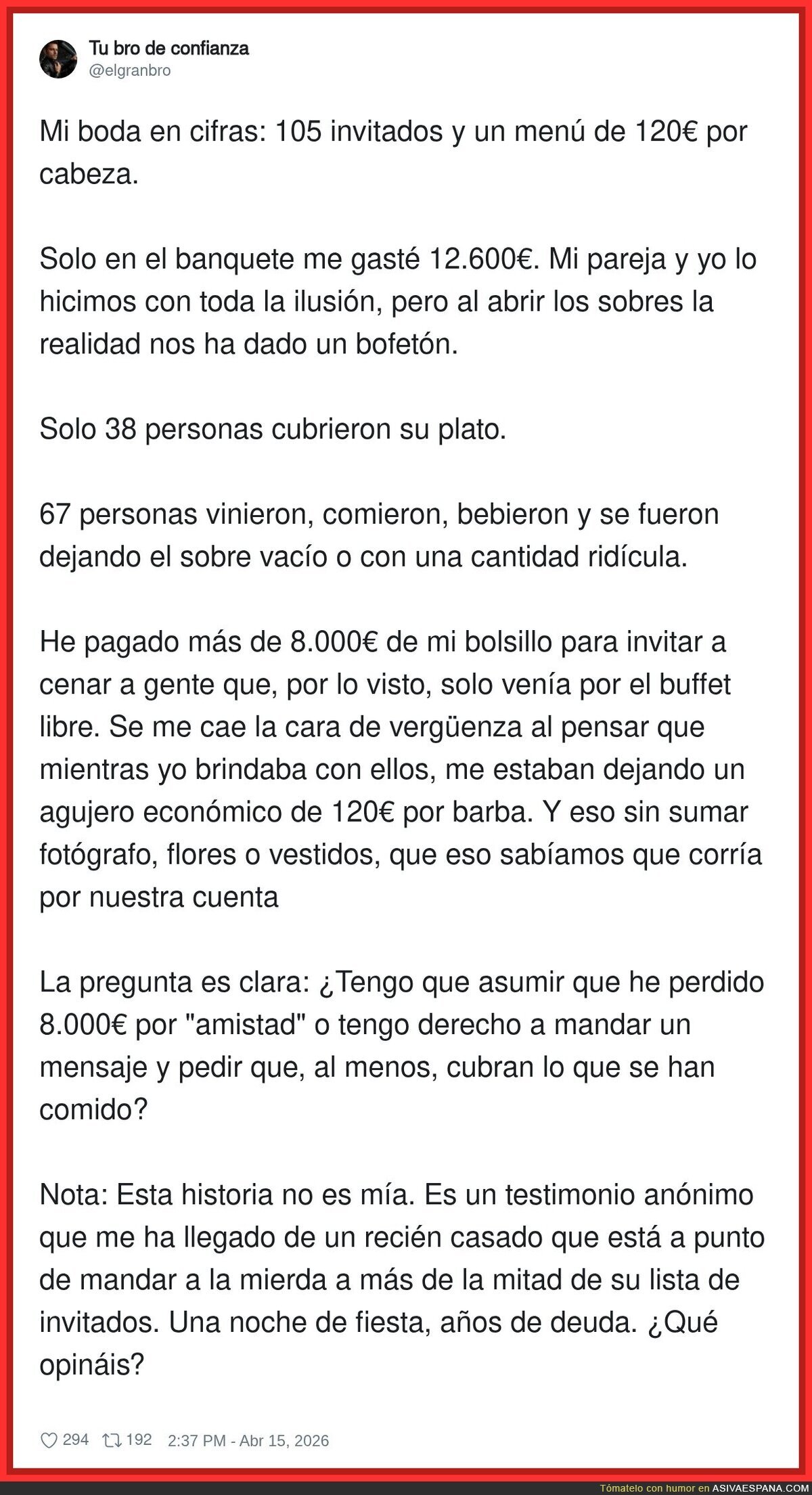 Testimonio escalofriante de unos novios a los cuales los invitados no se pagaron el cubierto