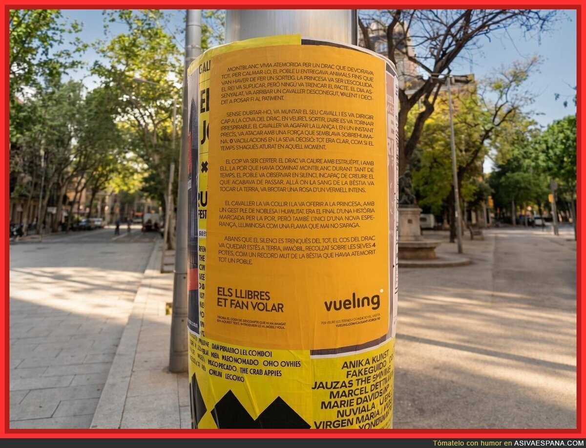 Vueling esconde c&oacute;digos de descuento en fragmentos de la leyenda de Sant Jordi repartidos por Barcelona