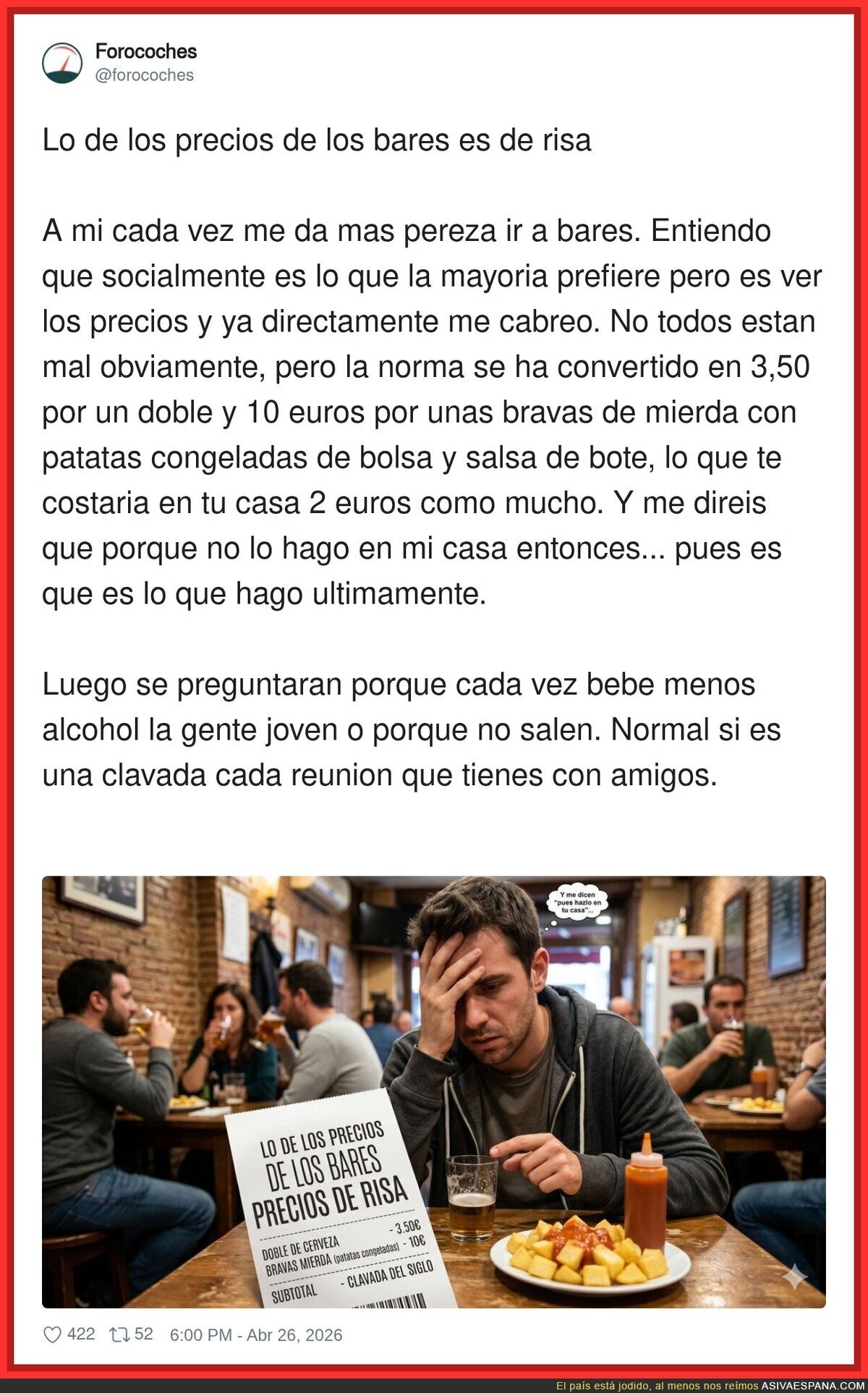 Quedamos en mi casa: las bravas valen 2&euro; y la clavada la pongo yo