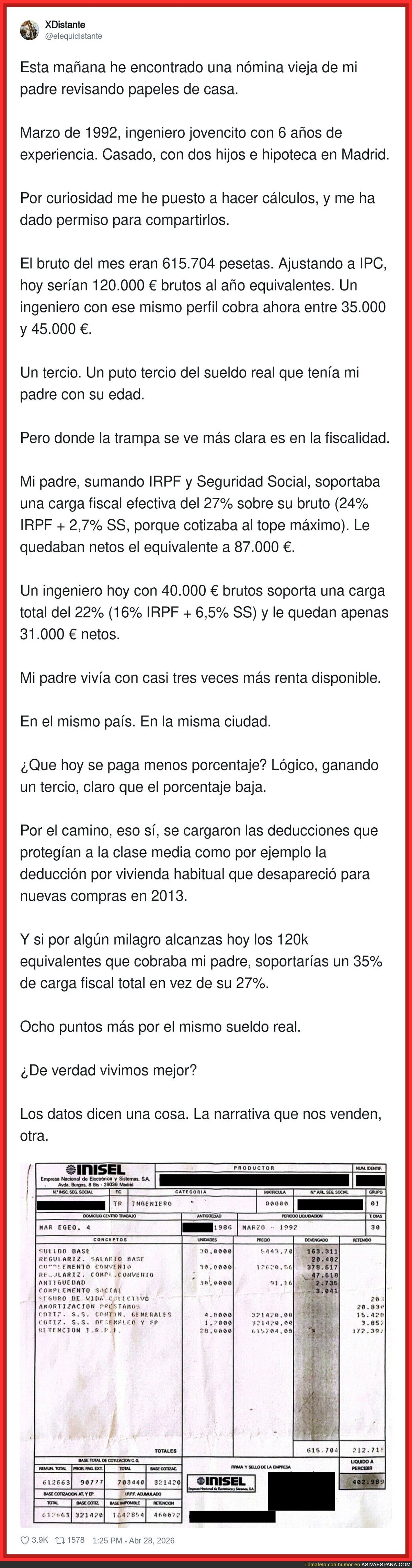 Brutal este testimonio del sueldo de su padre en 1992
