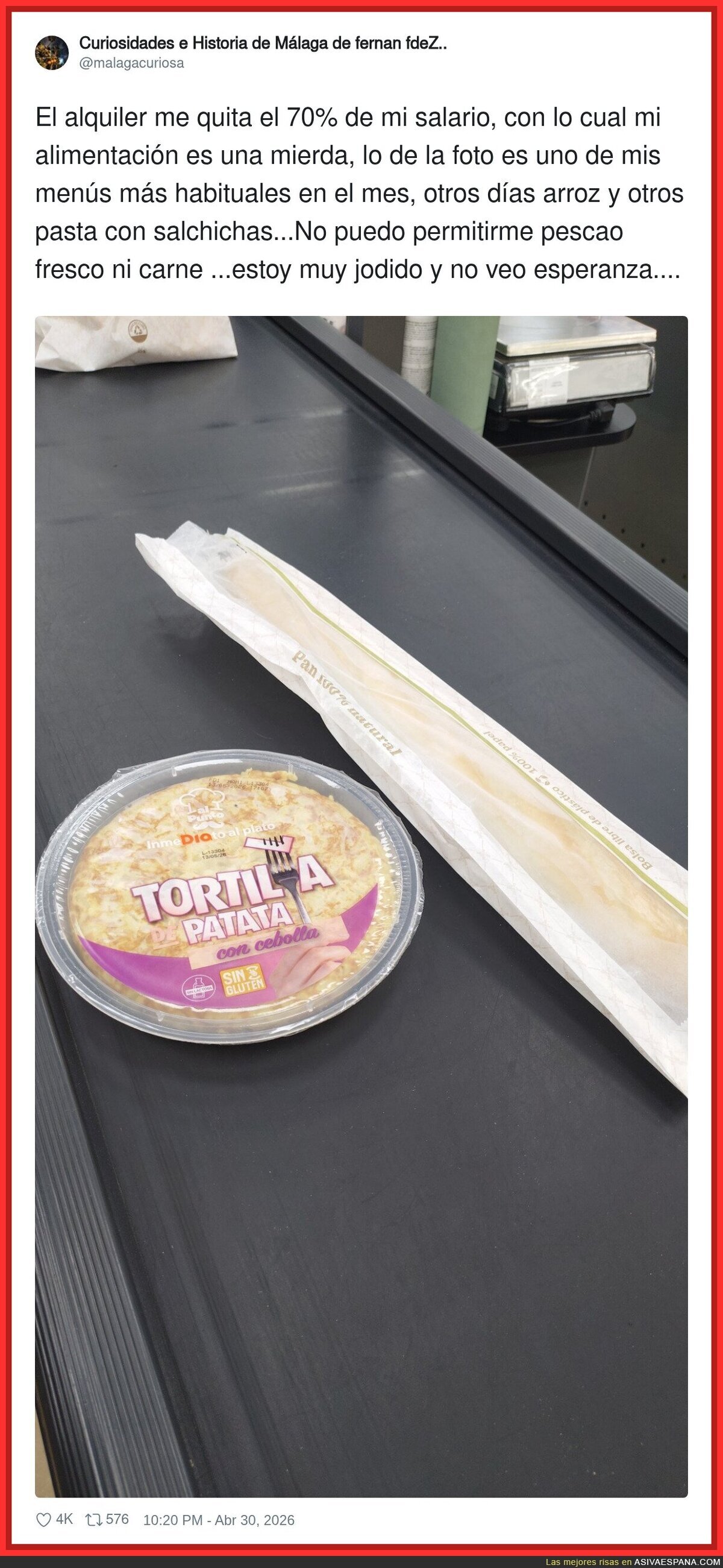 El alquiler me ha puesto a dieta mediterr&aacute;nea: tortilla del s&uacute;per y una barra para la foto