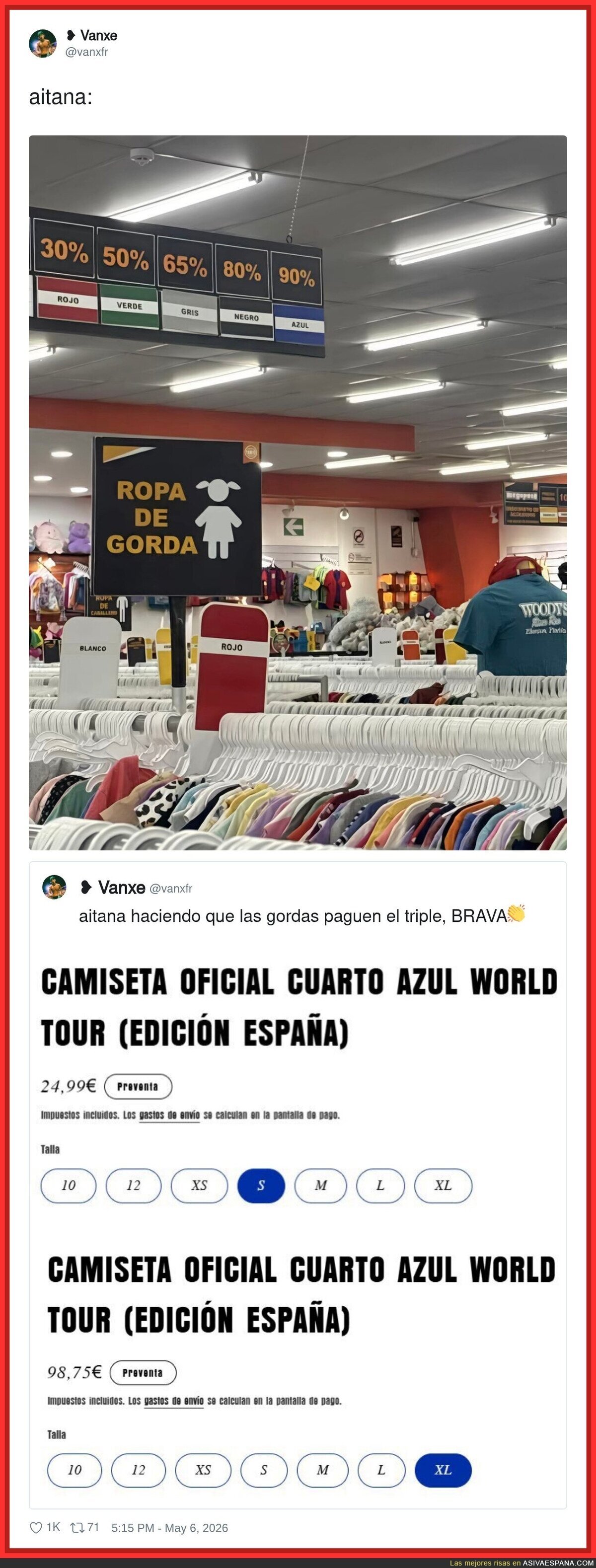 La misma camiseta, el mismo tour, pero si eres XL te cuesta casi 100&euro; porque Aitana tambi&eacute;n cobra por el trauma