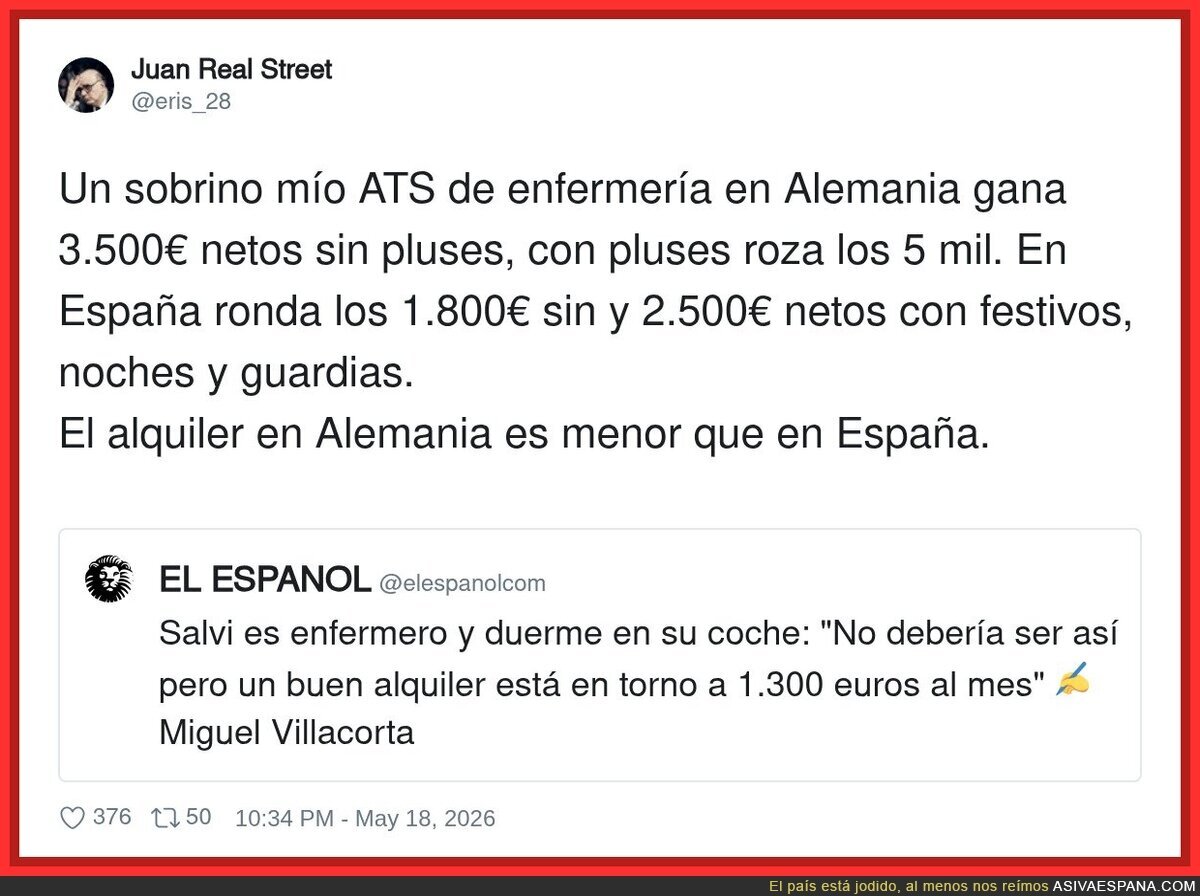 Alemania: te pago bien y encima te dejo vivir. Espa&ntilde;a: te pago menos y el alquiler te come el sueldo, cari&ntilde;o