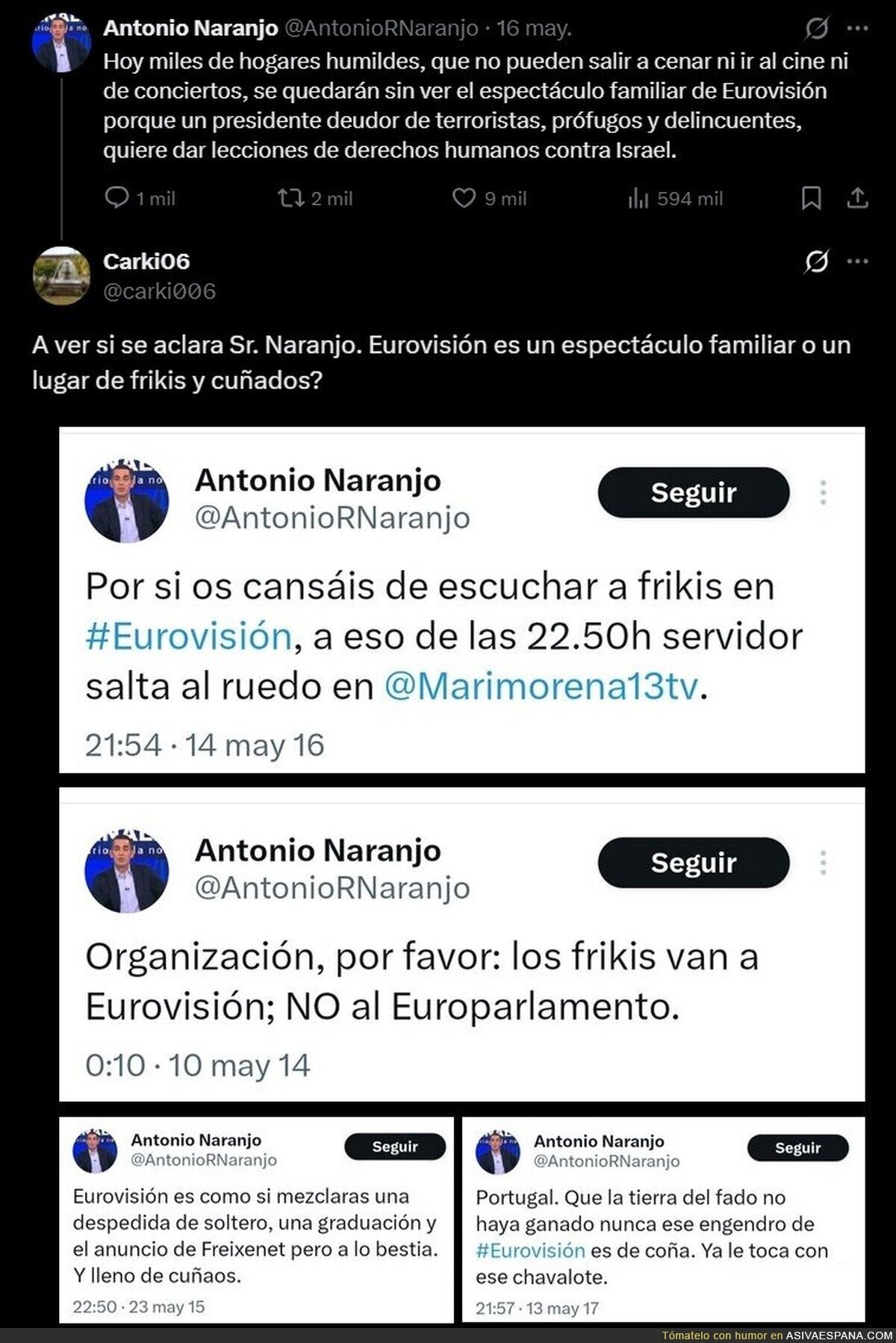 Antonio Naranjo: Eurovisi&oacute;n ese espect&aacute;culo familiar que prohibe S&aacute;nchez. Ve&aacute;mos que opini&oacute;n le merec&iacute;a antes