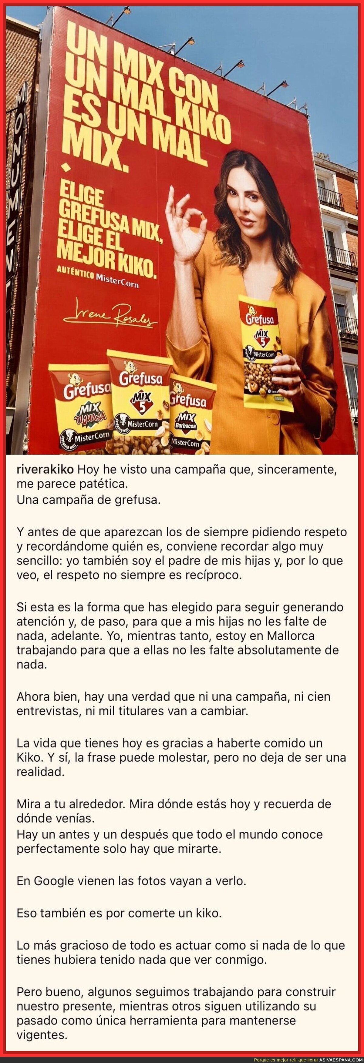 Kiko Rivera lanza un COMUNICADO contra la campa&ntilde;a de Grefusa que protagoniza su expareja Irene Rosales