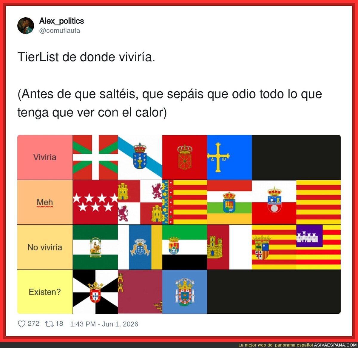Tier list de comunidades aut&oacute;nomas donde vivir, &iquest;cu&aacute;l es el tuyo?
