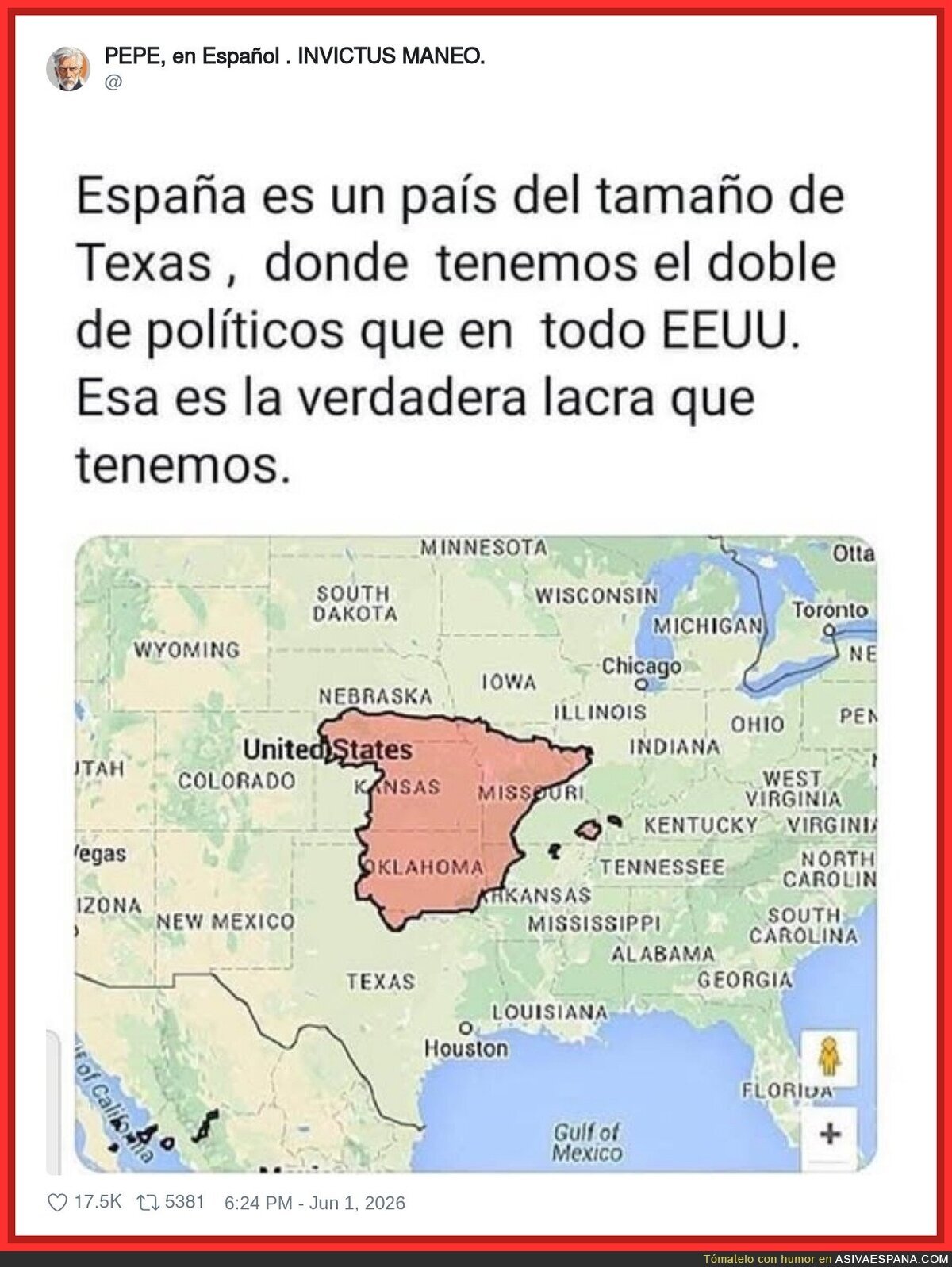 Espa&ntilde;a cabe dentro de Texas y a&uacute;n nos sobra sitio para meter a la mitad del Congreso, que es lo que de verdad duele