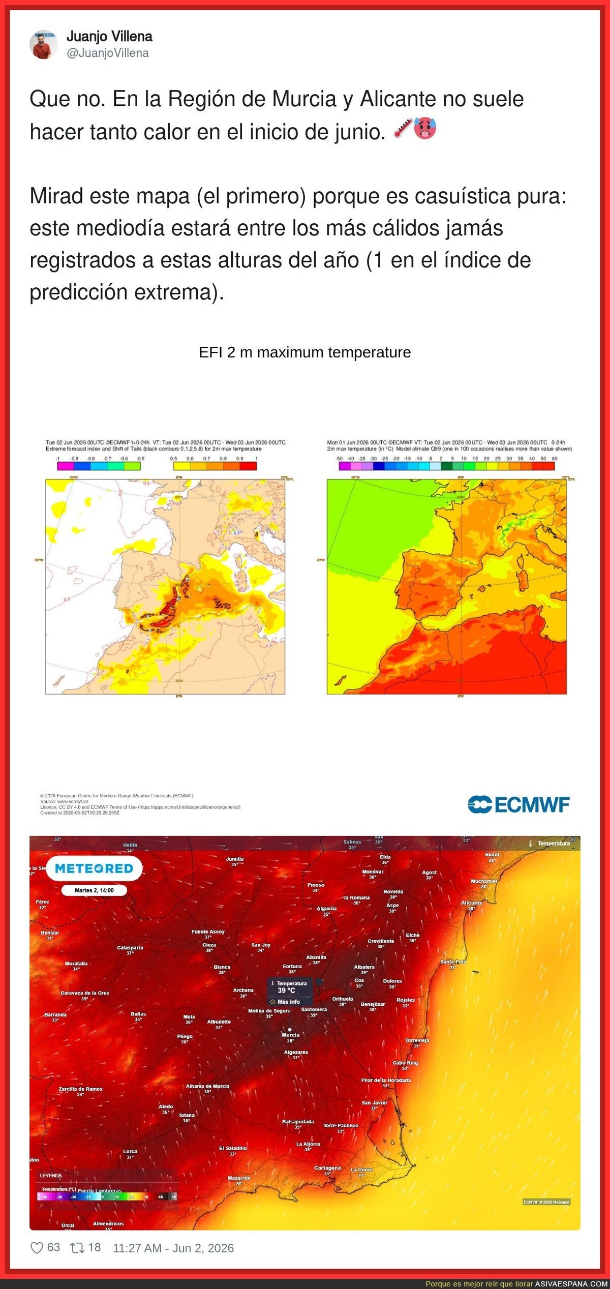 Murcia y Alicante en junio: "no suele hacer calor" dicen, mientras el mapa parece que se ha incendiado