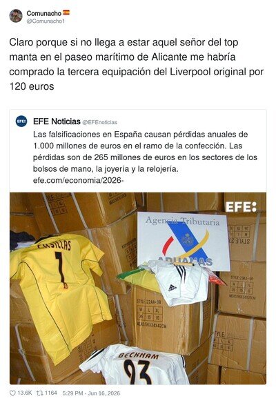 Espa&ntilde;a pierde 1000 millones en falsificaciones pero bueno, al menos tenemos equipaciones del Liverpool a precio de ganga